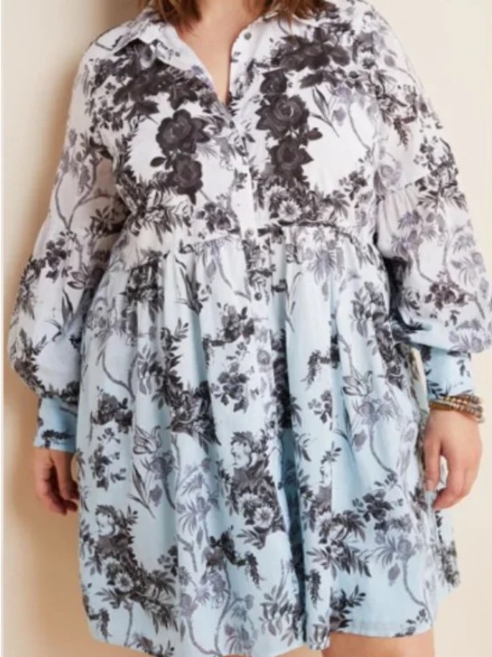 Anthropologie White & Light Blue ombré,  Black Floral Babydoll Dress